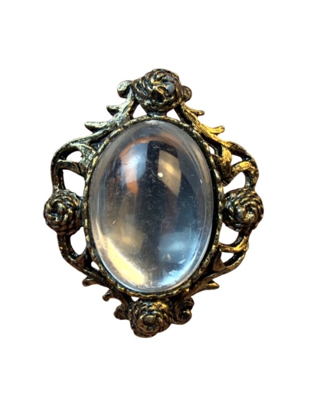 Vintage Ornate Art Nouveau Revival Rose Filigree Oval Clear Cabochon Brooch Pin